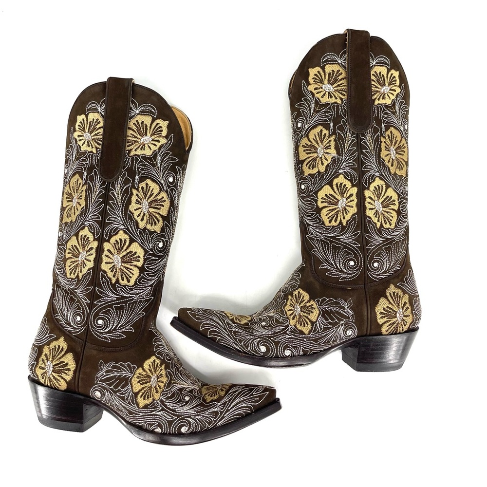 ✨Old Gringo Brown Leather Embroider Tan Butter Yellow Floral Heel Boot 6.5 Rodeo - Picture 6 of 16